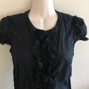 LOFT petite black ruffle button up blouse - 0p